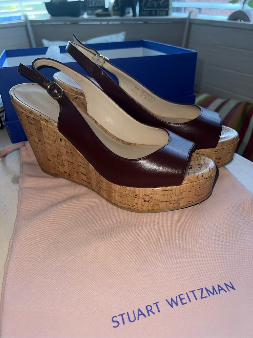 Stuart Weitzman Mahogany Leather Cork Wedge Slingbacks